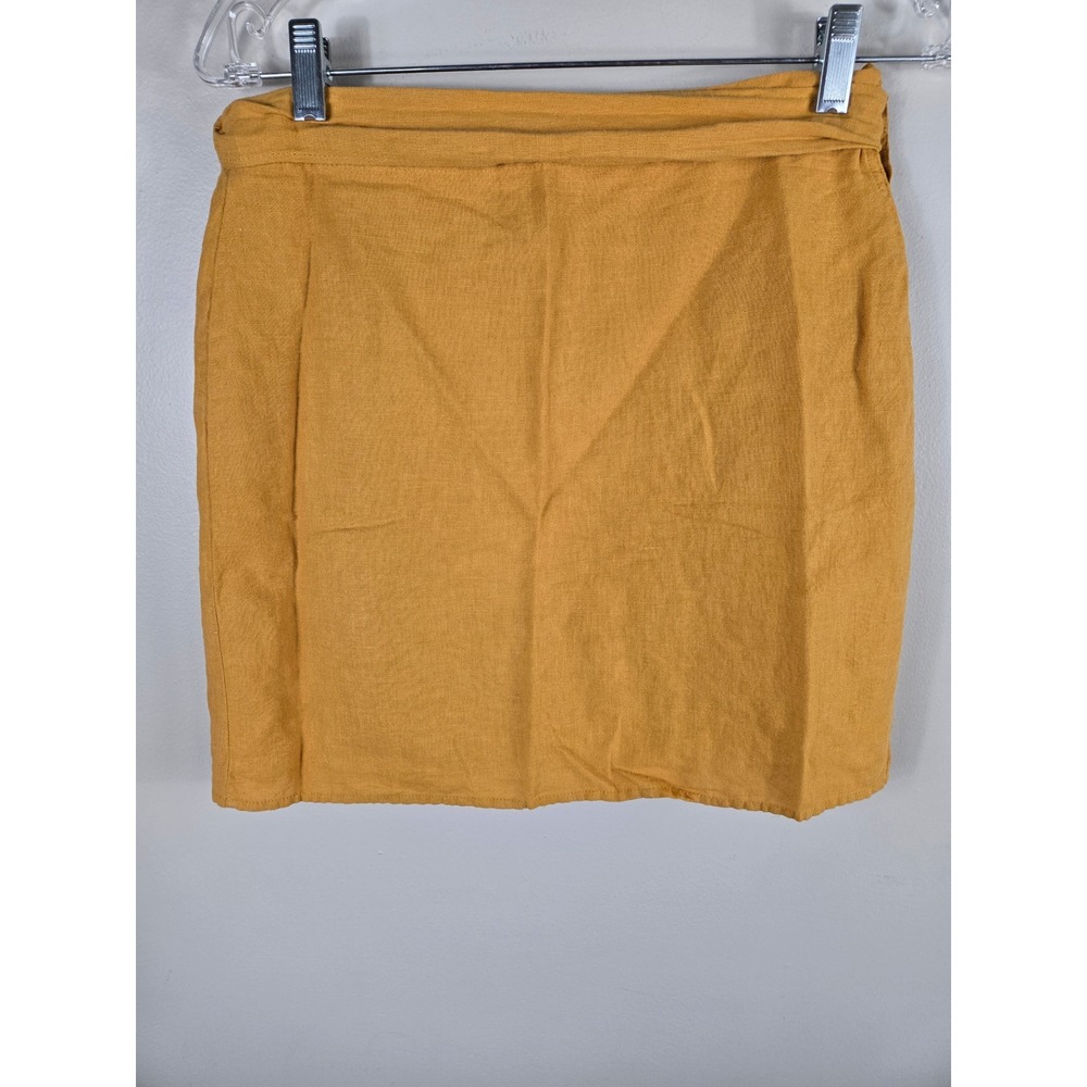 Zara Mustard Yellow Linen Blend Wrap Mini Skirt with Side Tie Size S - Picture 4 of 8